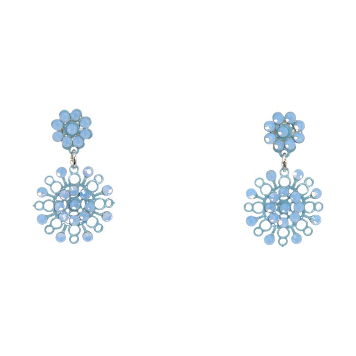 Merletti 04 Petite Drop Earrings in Sky Blue with enamelled metal laminae and crystal embellishments.