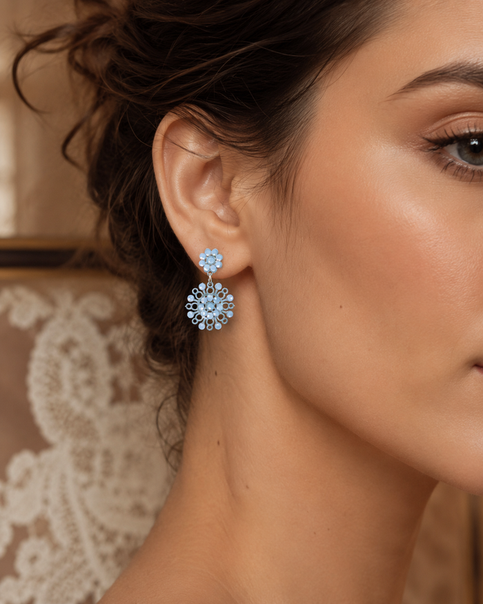 Merletti 04 Petite Drop Earring in Sky Blue shown worn to demonstrate its actual proportions and delicate scale.