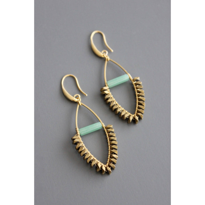 BKNE21 Jade and gold hematite wire wrapped earrings