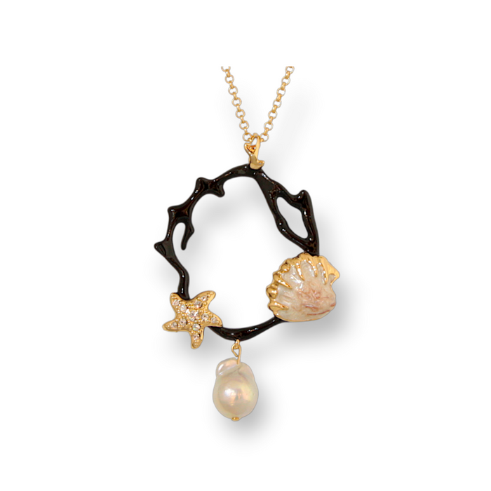 Black Pendant round coral branch pendant with pearl