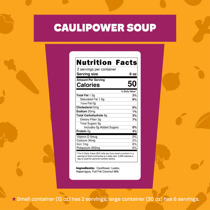 Caulipower Soup ingredients — organic cauliflower, asparagus, leeks, full-fat coconut milk