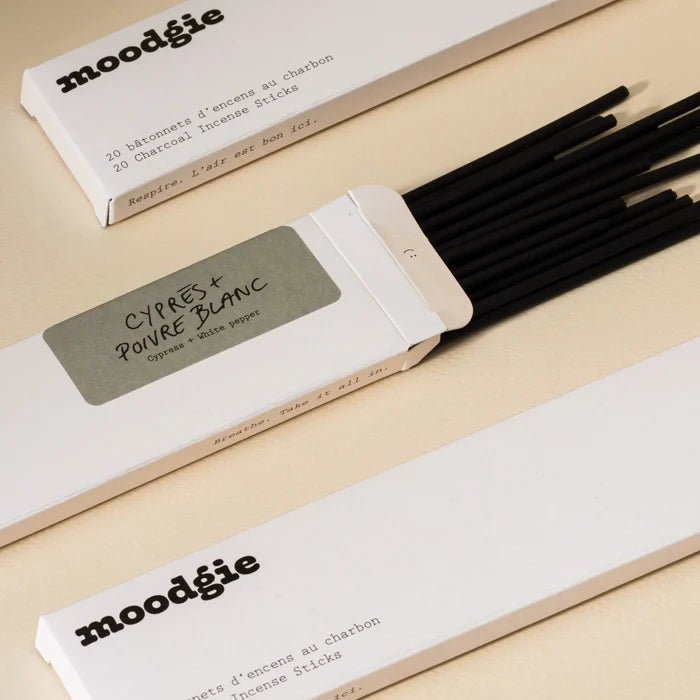 CHARCOAL INCENSE STICKS (Cypress + White pepper) — by Moodgie