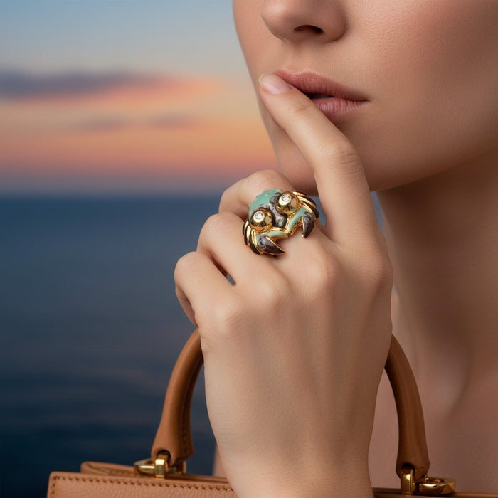 Crab jewel ring in hand-enamelled 24 kt gold plated brass with Swarovski crystals, Made in Italy