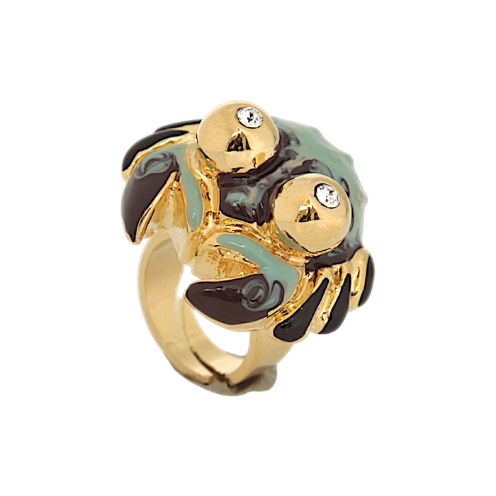 Crab jewel ring in hand-enamelled 24 kt gold plated brass with Swarovski crystals, Made in Italy