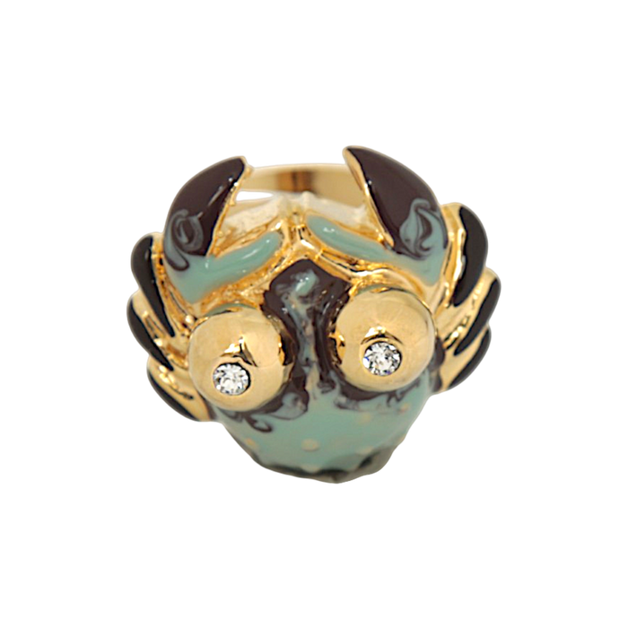 Crab jewel ring in hand-enamelled 24 kt gold plated brass with Swarovski crystals, Made in Italy