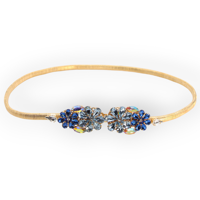 Daisy Aquamarine Crystal Flower Belt with blue floral crystal buckle and stretch gold mesh