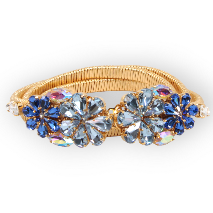 Daisy Aquamarine Crystal Flower Belt with blue floral crystal buckle and stretch gold mesh