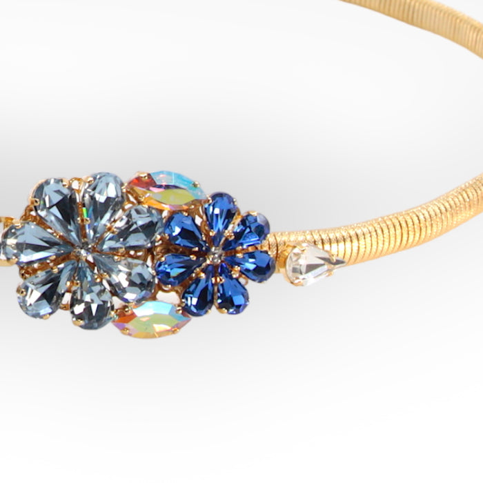 Daisy Aquamarine Crystal Flower Belt with blue floral crystal buckle and stretch gold mesh