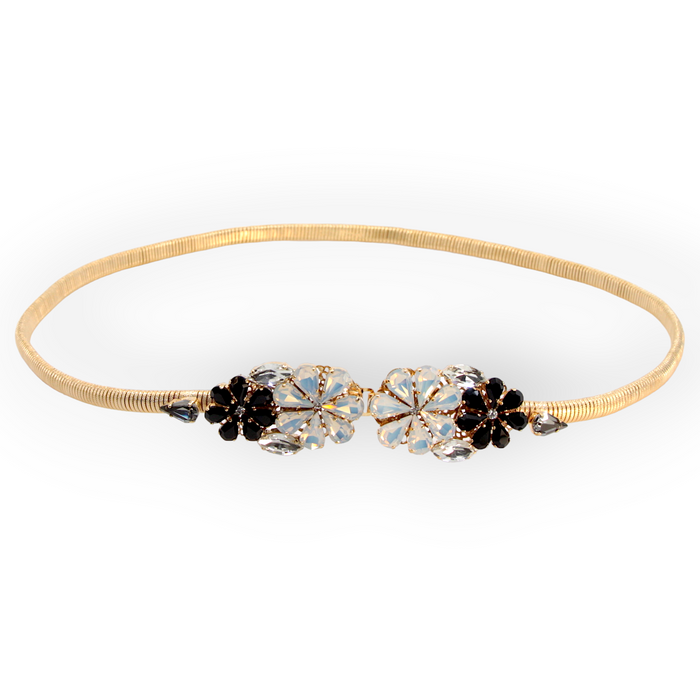 Daisy Black Crystal Flower Belt in stretch gold metal mesh with black and opaline floral crystal buckle