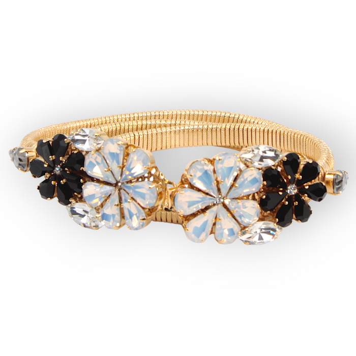 Daisy Black Crystal Flower Belt in stretch gold metal mesh with black and opaline floral crystal buckle