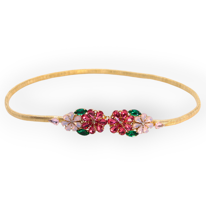 Daisy Bouquet Crystal Belt with pink and green floral crystal buckle and stretch gold mesh