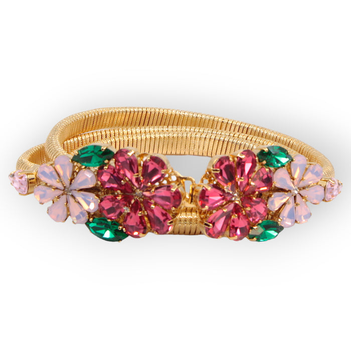 Daisy Bouquet Crystal Belt with pink and green floral crystal buckle and stretch gold mesh