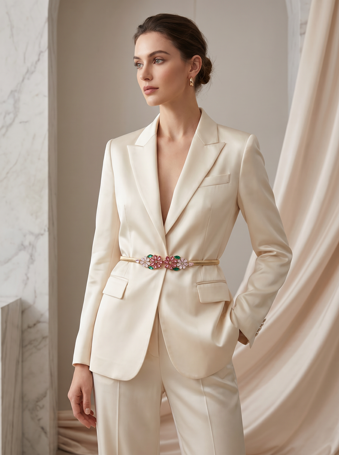 Handmade Italian floral belt with bouquet-inspired crystal buckle