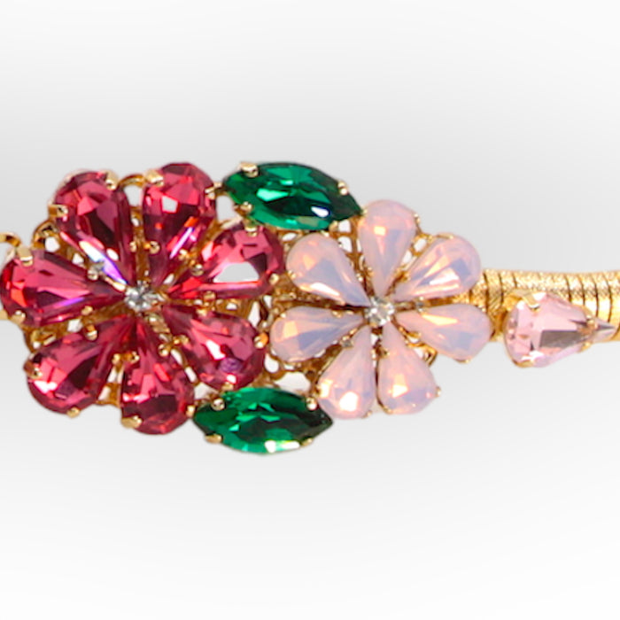 Daisy Bouquet Crystal Belt with pink and green floral crystal buckle and stretch gold mesh