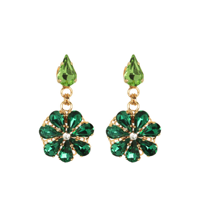 Daisy Pendant Earrings With Emerald Crystal Drops