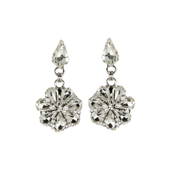 Daisy-shaped drop earrings with crystal drops on a rhodium-plated base