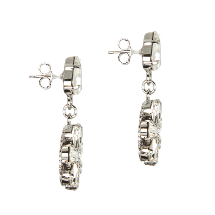 Daisy-shaped drop earrings with crystal drops on a rhodium-plated base