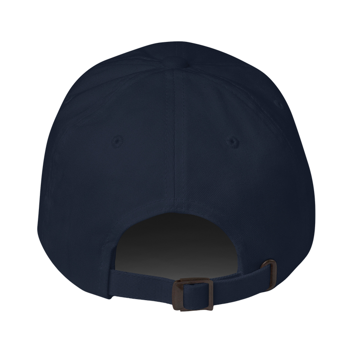 The back view of a dark navy blue baseball cap with an adjustable strap and metal buckle, isolated on a white background.
