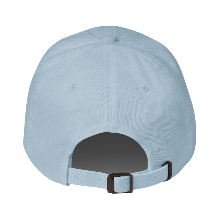 Back view of a light blue baseball cap with an adjustable strap and dark plastic buckle, isolated on a white background.