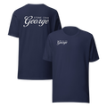 Two navy blue short-sleeve t-shirts shown on a plain white background, displaying the front and back views. The back of the shirt features a large white graphic reading 'STONE CRAB George' in script, while the front features a smaller matching 'STONE CRAB George' graphic on the left chest.