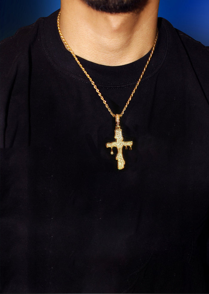Gold Plated Cuban Link Chain & Melting Cross Pendant | Appx. 10.9 Grams