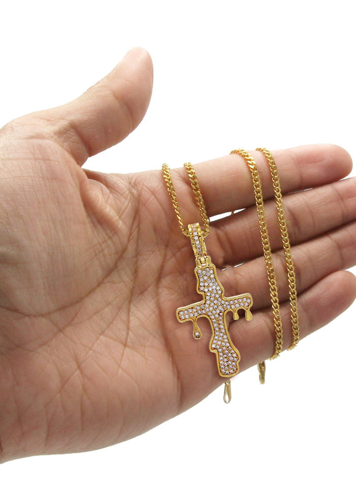 Gold Plated Cuban Link Chain & Melting Cross Pendant | Appx. 10.9 Grams