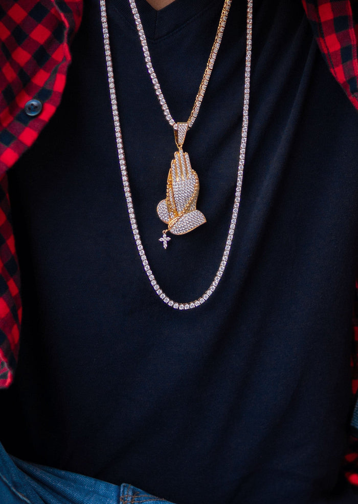 Gold Plated Iced Out Praying Hands & Tennis Chain Setup