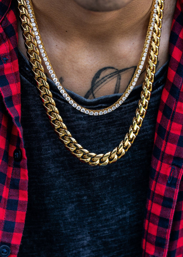 Gold Plated Solid Miami Cuban Link ( 14 MM ) & Tennis Chain