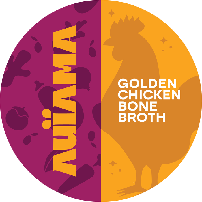 Auïama Golden Chicken Bone Broth container — organic pasture-raised chicken bone broth, slow-simmered 24 hours