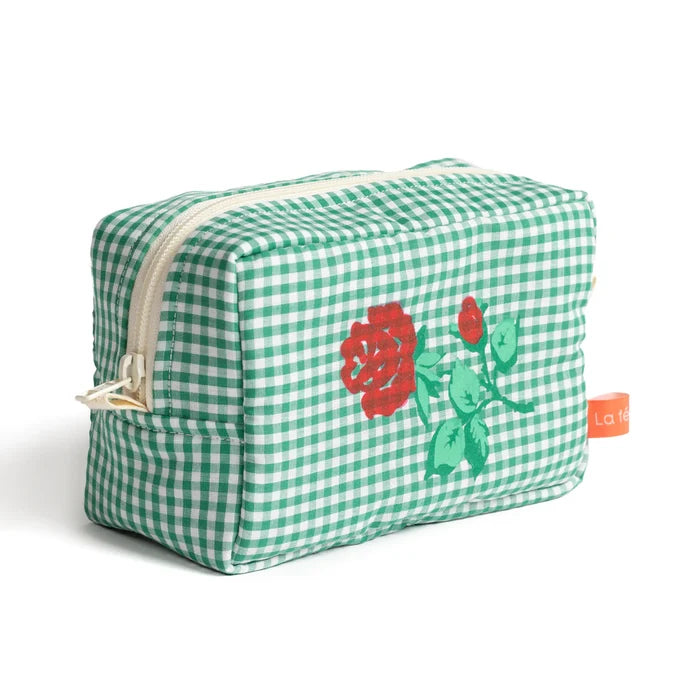 GREEN VICHY POUCH WITH ROSES — by La fée raille