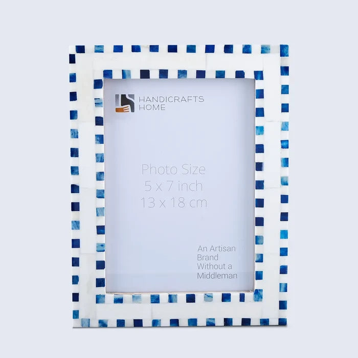 Handmade Bone Inlay Blue Picture Frame - Checkered Pattern in 4x6 & 5x7: 4x6