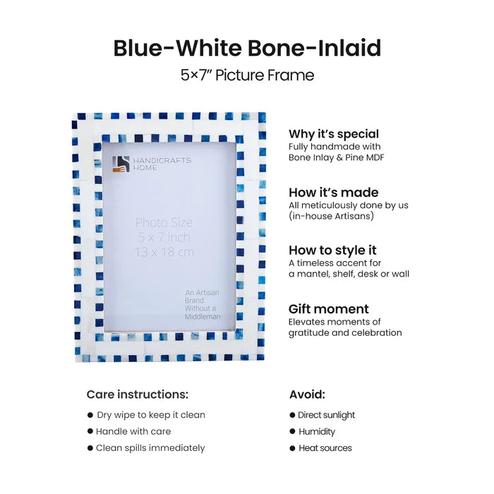 Handmade Bone Inlay Blue Picture Frame - Checkered Pattern in 4x6 & 5x7: 4x6
