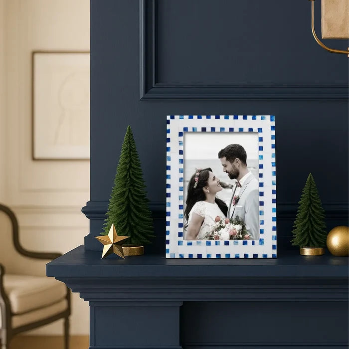 Handmade Bone Inlay Blue Picture Frame - Checkered Pattern in 4x6 & 5x7: 4x6