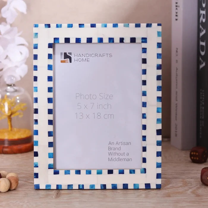 Handmade Bone Inlay Blue Picture Frame - Checkered Pattern in 4x6 & 5x7: 4x6