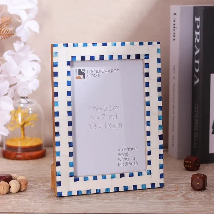 Handmade Bone Inlay Blue Picture Frame - Checkered Pattern in 4x6 & 5x7: 4x6