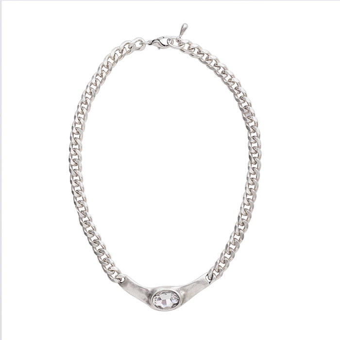Handmade Clear Crystal Oval Pewter Necklace - 3943