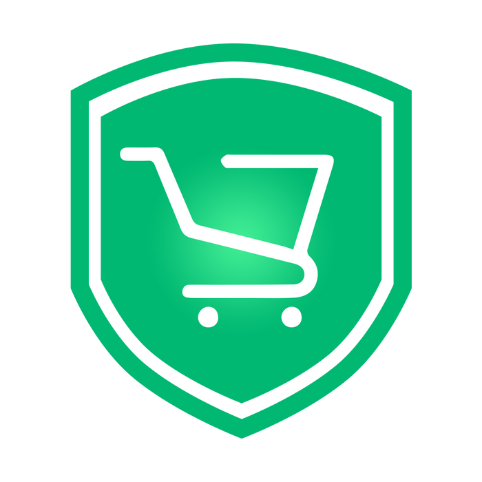 A green shield emblem with a shopping cart icon representing a package protection service.