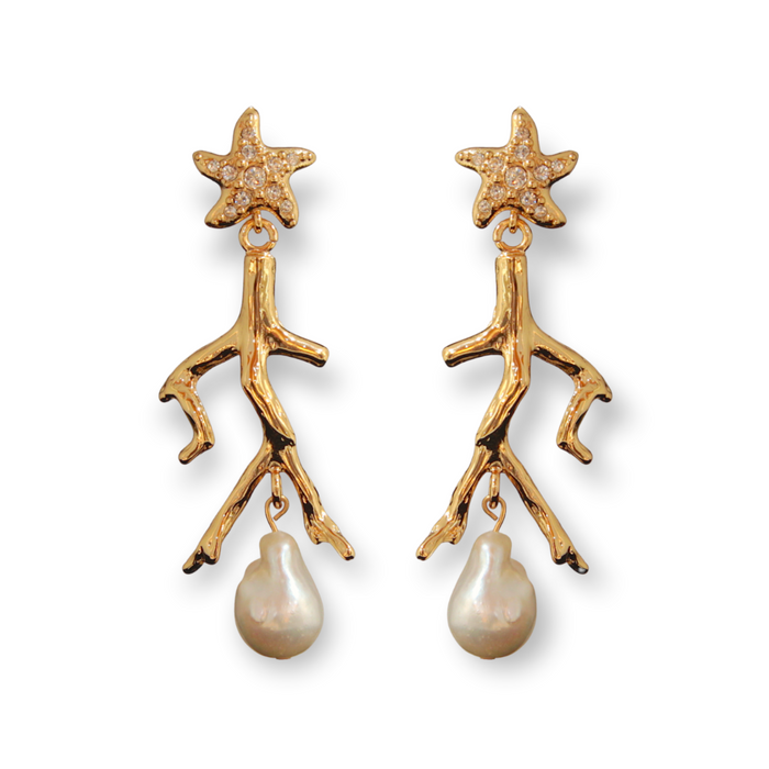 Medium  Earrings with coral-shaped pendant gold finish with natural pearls