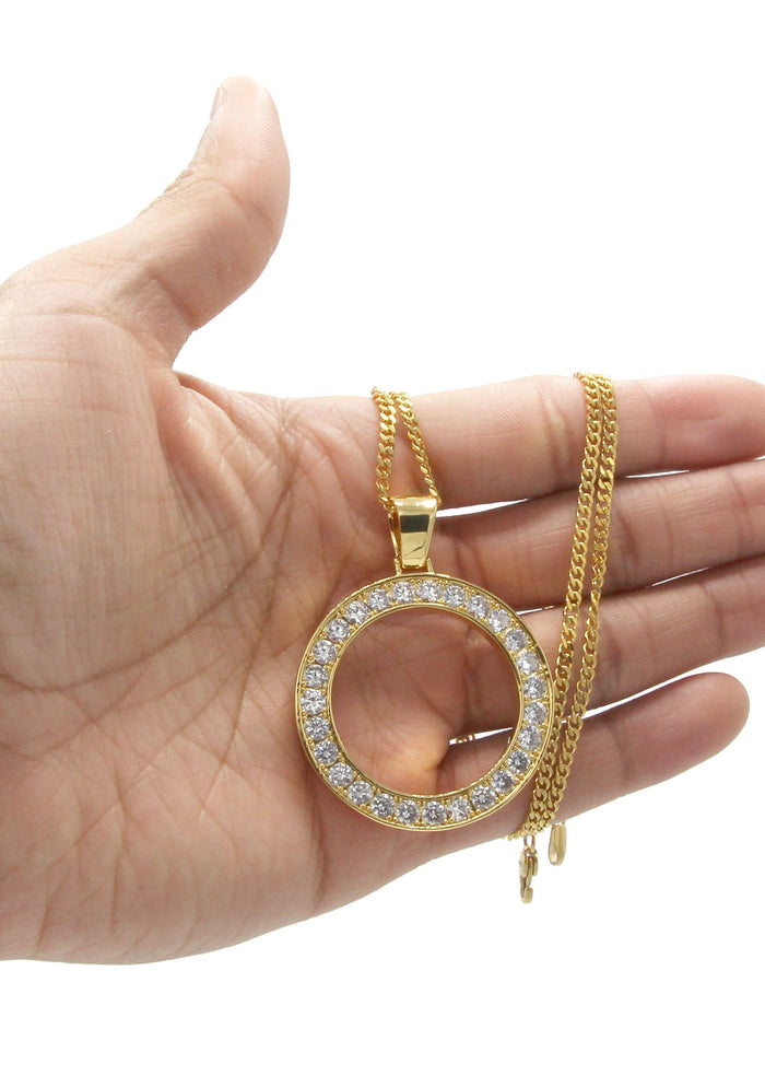 Mens Gold Plated Cuban Link Chain & Circle Pendant | Appx. 25 Grams