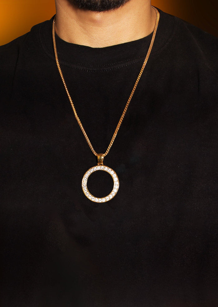 Mens Gold Plated Cuban Link Chain & Circle Pendant | Appx. 25 Grams