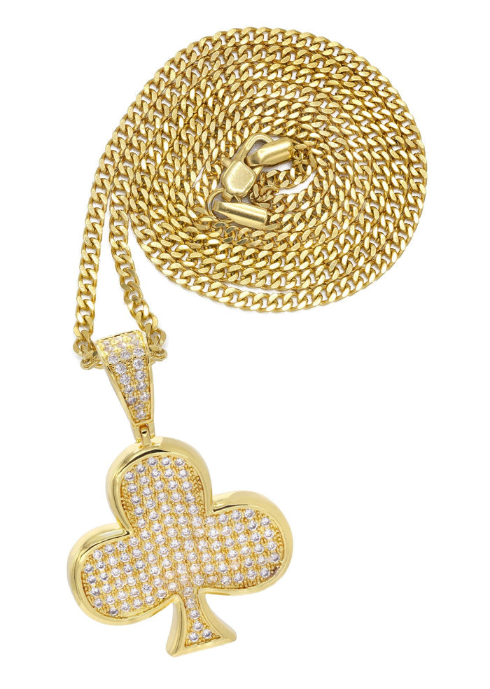 Mens Gold Plated Cuban Link Chain & Clover Pendant | Appx. 18.8 Grams