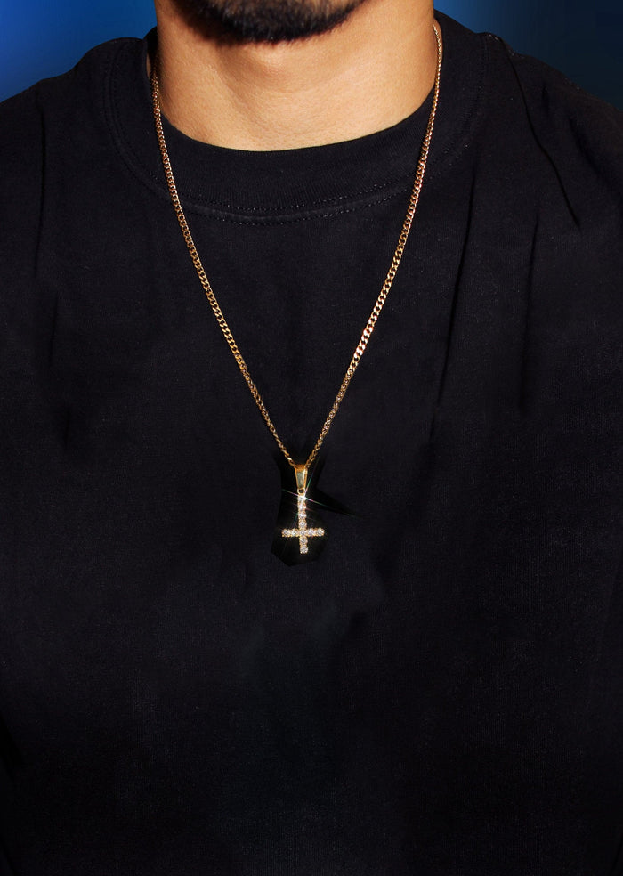 Mens Gold Plated Cuban Link Chain & Cross Pendant | Appx. 10.7 Grams
