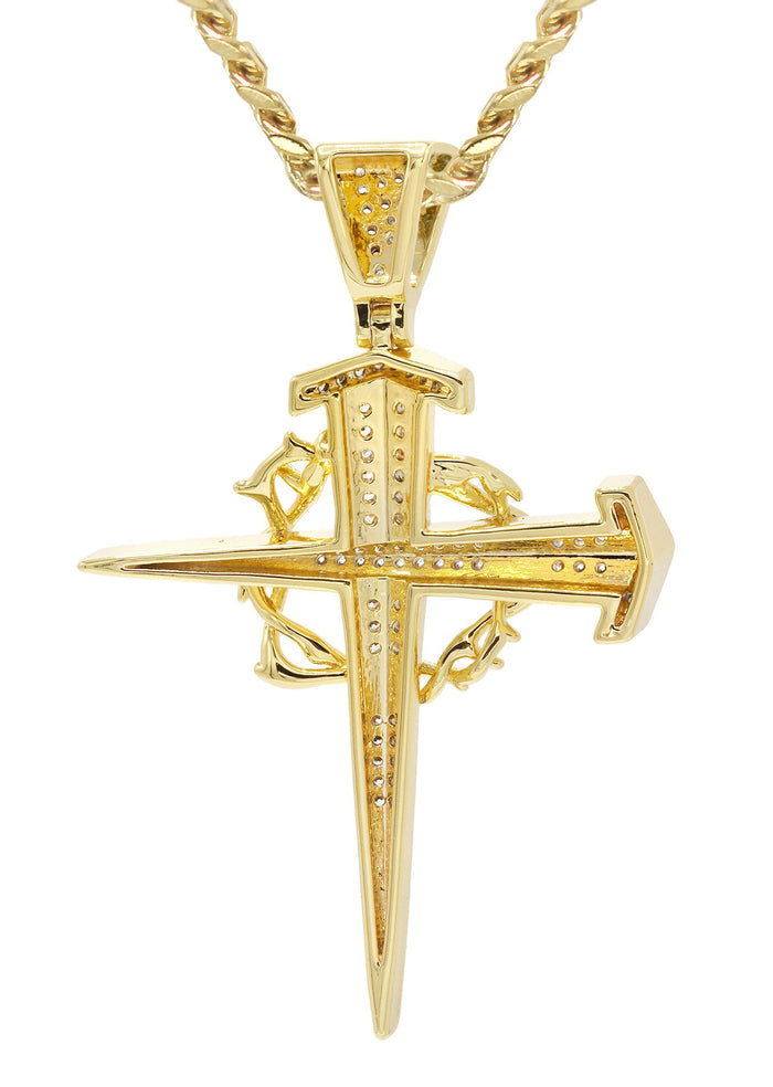 Mens Gold Plated Cuban Link Chain & Cross Pendant | Appx. 14.4 Grams
