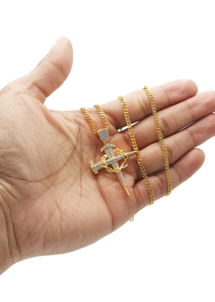 Mens Gold Plated Cuban Link Chain & Cross Pendant | Appx. 14.4 Grams