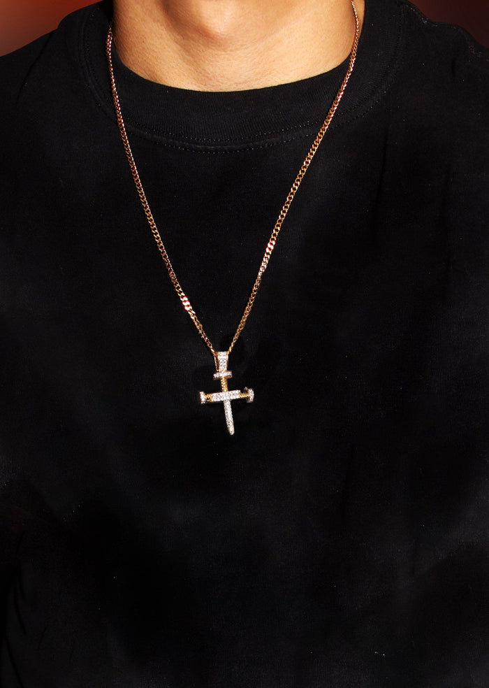 Mens Gold Plated Cuban Link Chain & Cross Pendant | Appx. 15 Grams