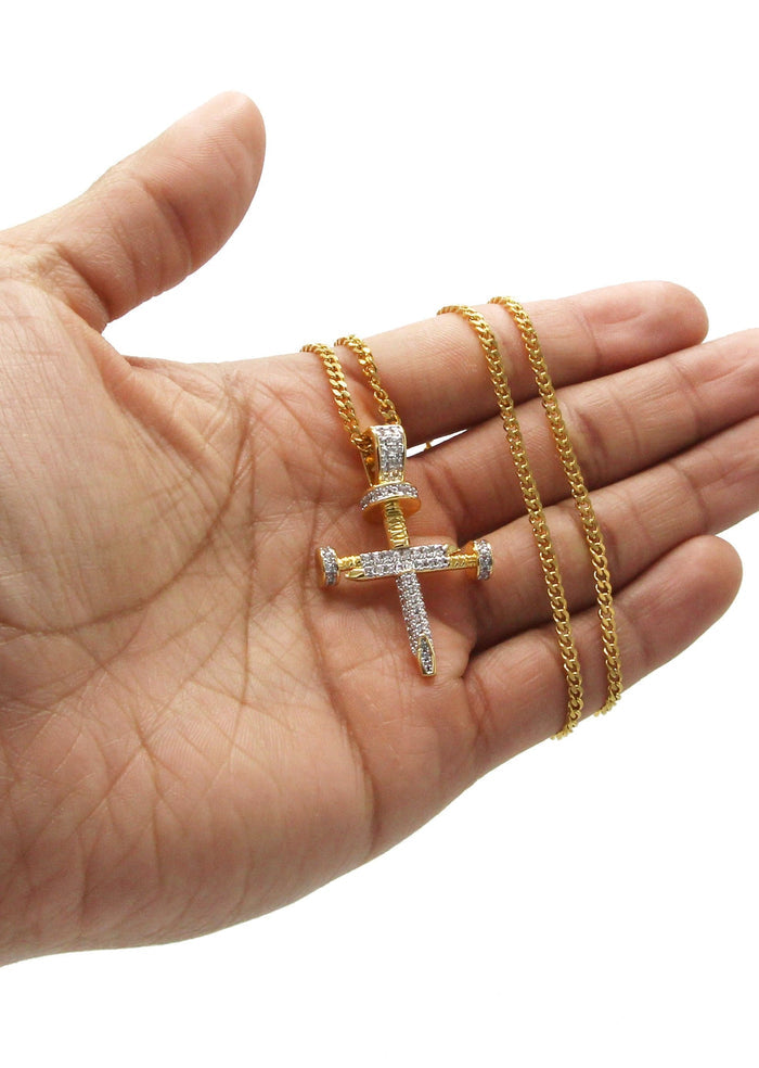 Mens Gold Plated Cuban Link Chain & Cross Pendant | Appx. 15 Grams