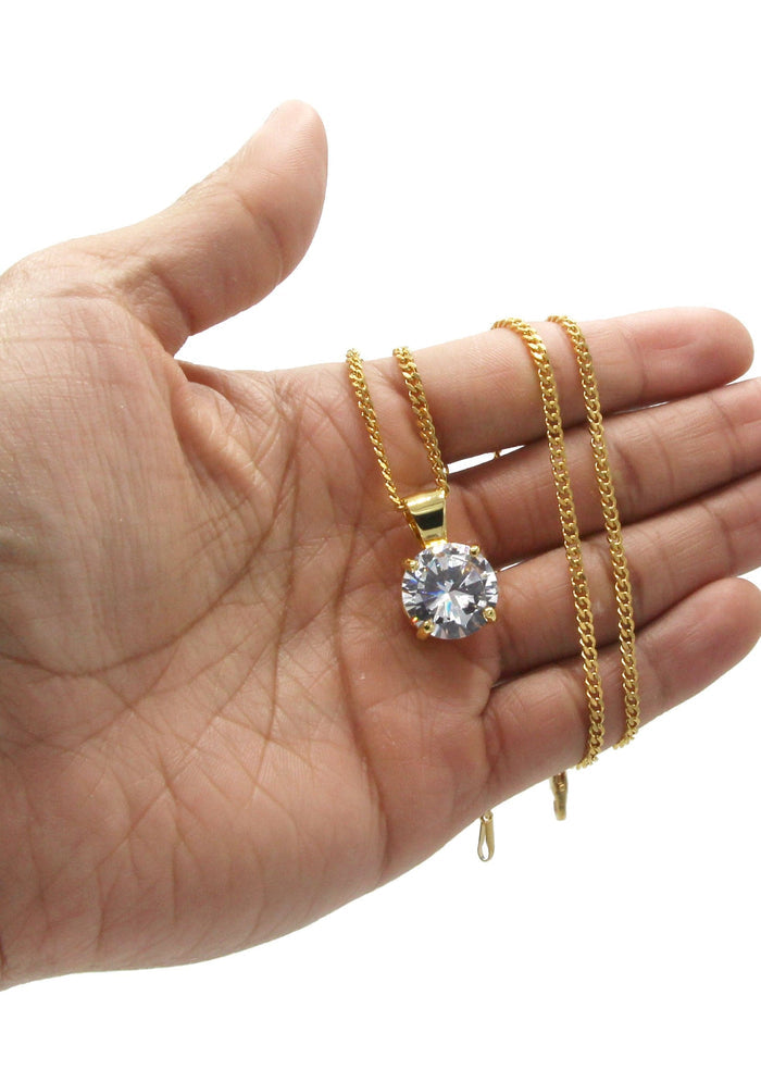 Mens Gold Plated Cuban Link Chain & Cubic Zirconia Pendant | Appx. 16.3 Grams