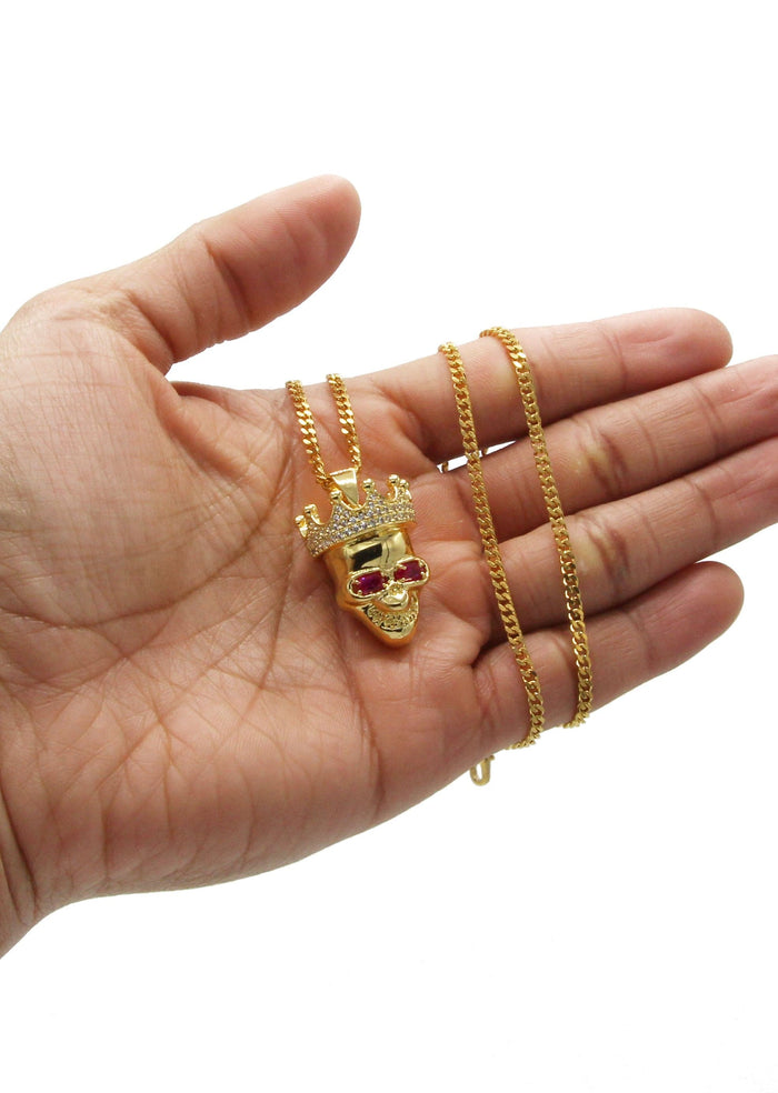 Mens Gold Plated Cuban Link Chain & Skull Pendant | Appx. 21 Grams