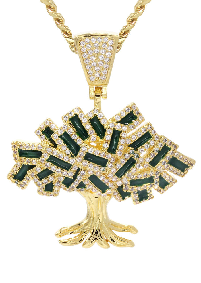 Mens Gold Plated Cuban Link Chain & Tree Pendant | Appx. 17 Grams