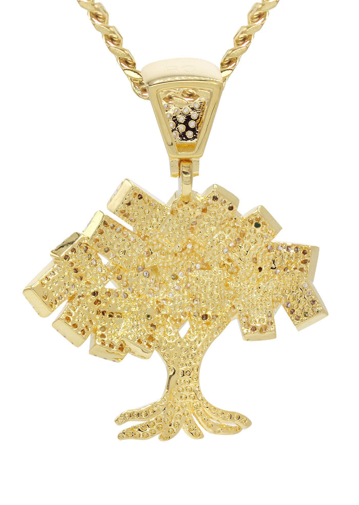 Mens Gold Plated Cuban Link Chain & Tree Pendant | Appx. 17 Grams